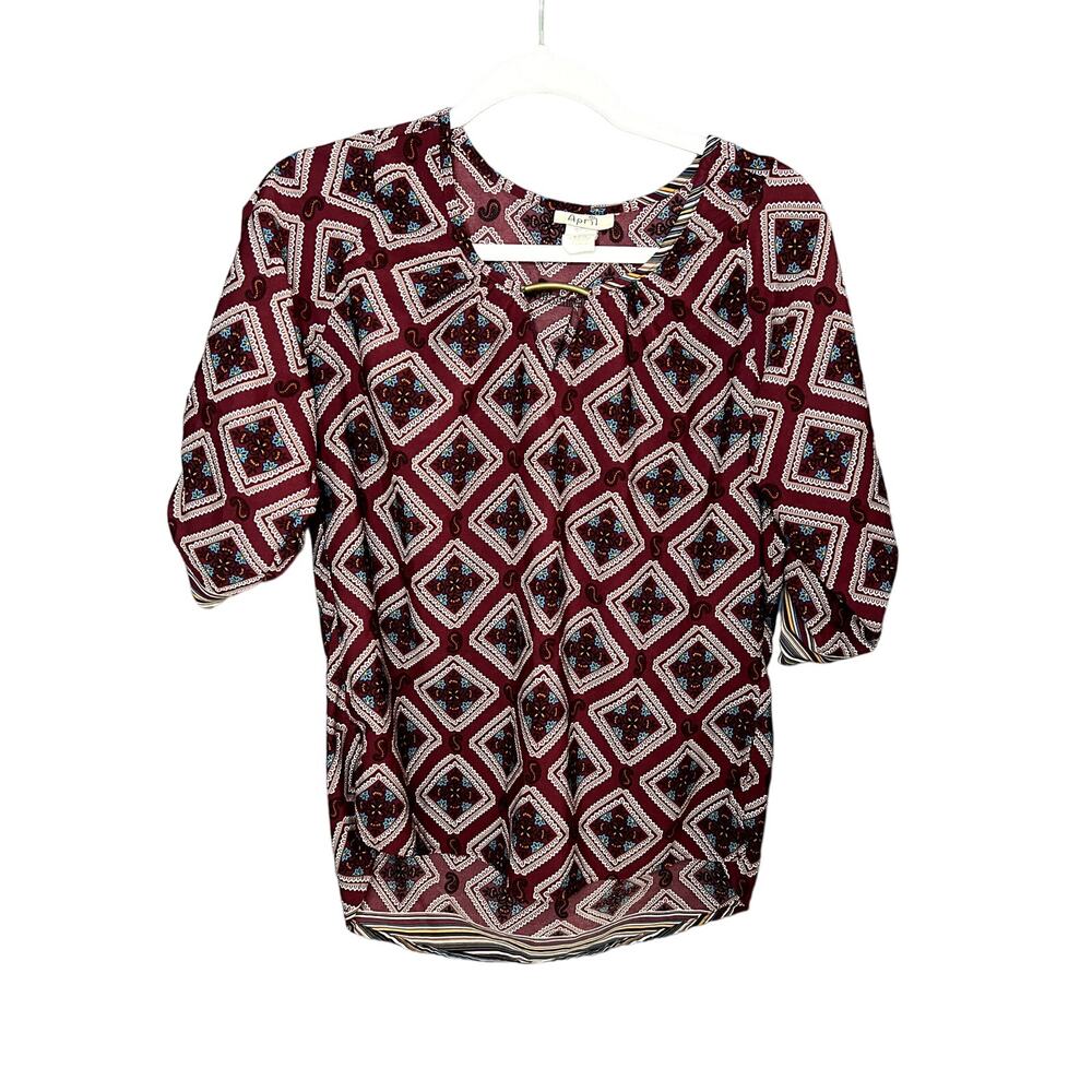 April Size Small 3/4 Sleeve Geometric Pattern Maroon Women's Blouse Office Wear